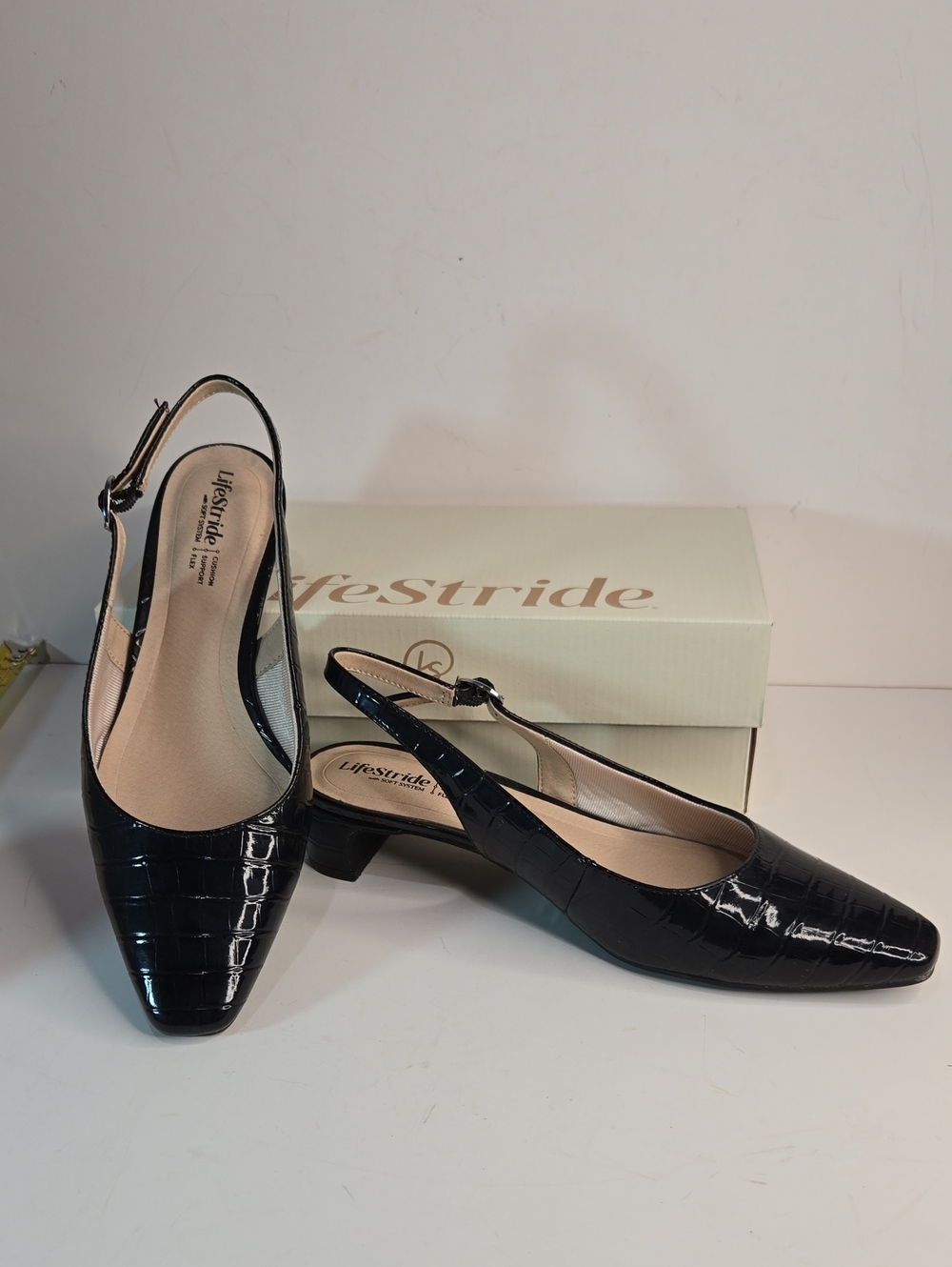 Life Stride Black Croc-Embossed Slingback Low Heel Pumps
